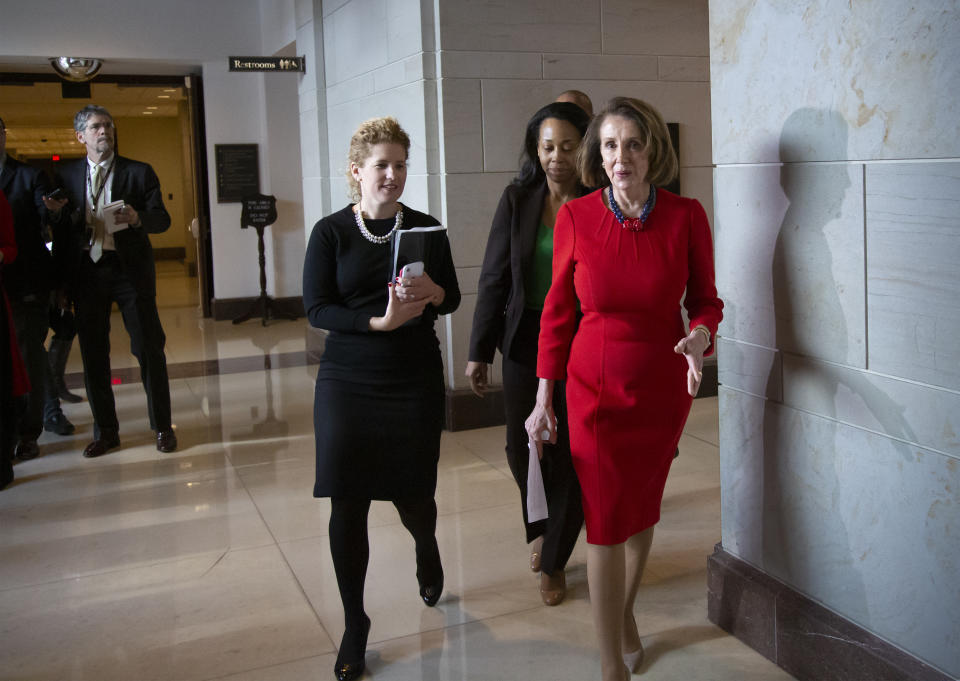 House Democratic Leader Nancy Pelosi of California, the speaker-designate for the new Congress in January, walks past reporters at the Capitol after a classified briefing by CIA Director Gina Haspel to the House leadership about thekilling of journalist Jamal Khashoggi, and, the involvement by the Saudi crown prince, Mohammed bin Salman, in Washington, Wednesday, Dec. 12, 2018. The Senate is preparing for a possible vote on two resolutions to condemn Saudi Arabia for its role in the slaying. (AP Photo/J. Scott Applewhite)