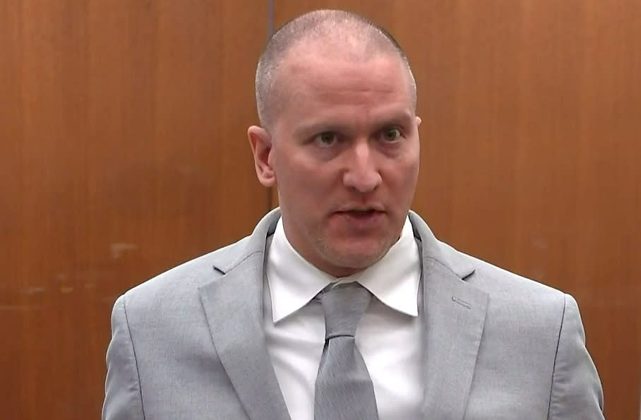 Former Minneapolis police officer Derek Chauvin addresses his sentencing hearing in 2021. 