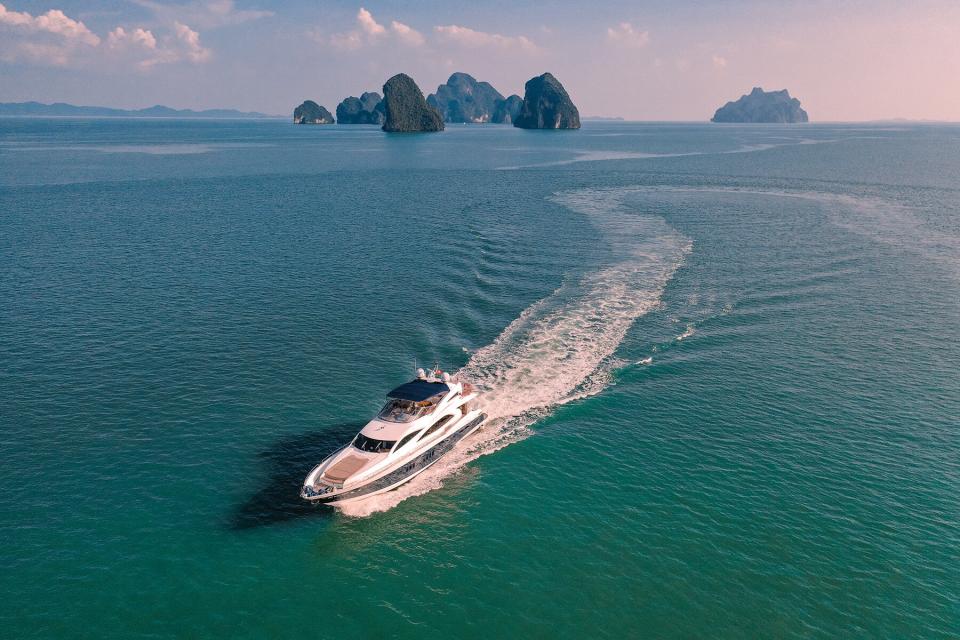 Aerial view of the Major Affair boat from Anantara Layan Phuket Resort, Thailand