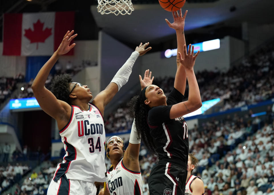 South Carolina center Kamilla Cardoso shoots against UConn forward Ayanna Patterson in the second half of their game on Feb. 5, 2023. (David Butler II/USA TODAY Sports)