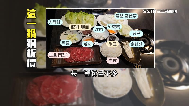 銅板價火鍋內容物多樣，主食肉品、蔬菜都有。