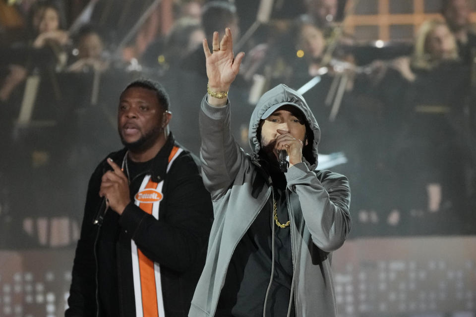 Eminem performs with Mr. Porter during "Live From Detroit: The Concert at Michigan Central" on Thursday, June 6, 2024, in Detroit. (AP Photo/Carlos Osorio)