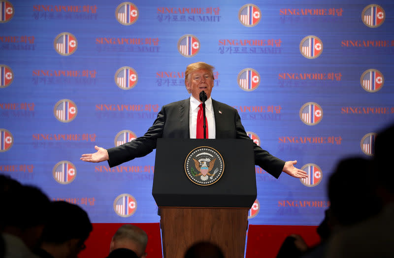 Donald Trump speaks during a news conference after his meeting with North Korean leader Kim Jong Un (Singapore Ministry of Communications and Information/Handout via Reuters)