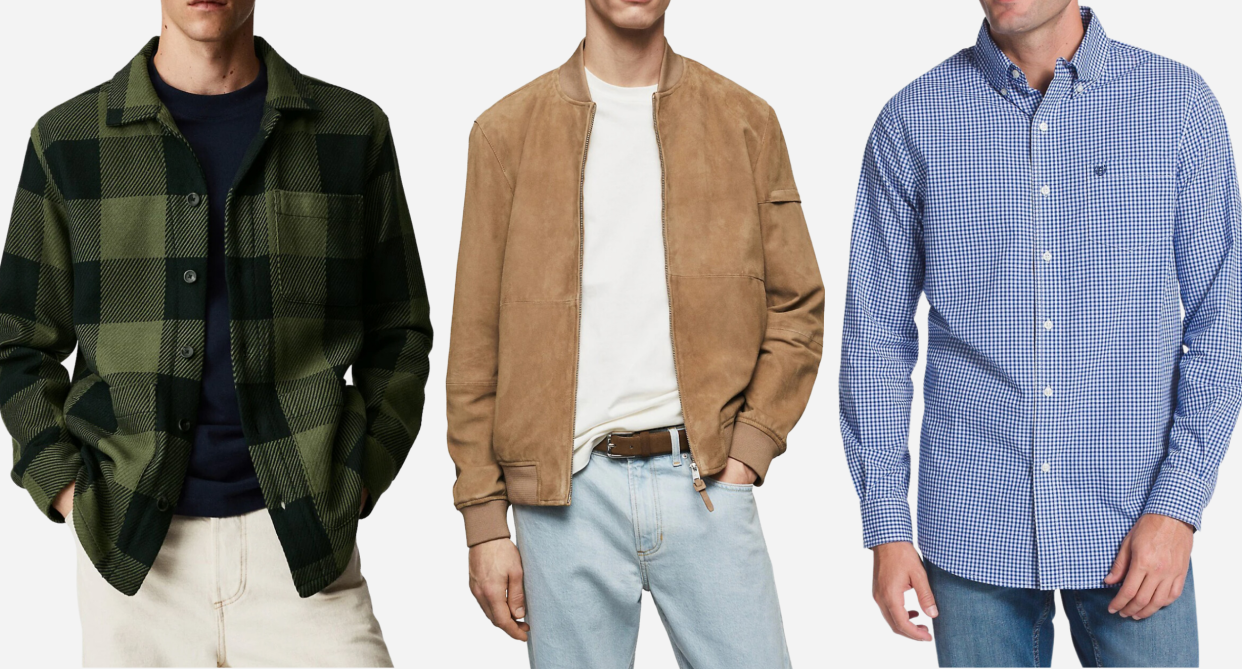 three male models from the bay wearing green/black plaid shacket, brown suede jacket, and blue button-down shirt, the bay sale