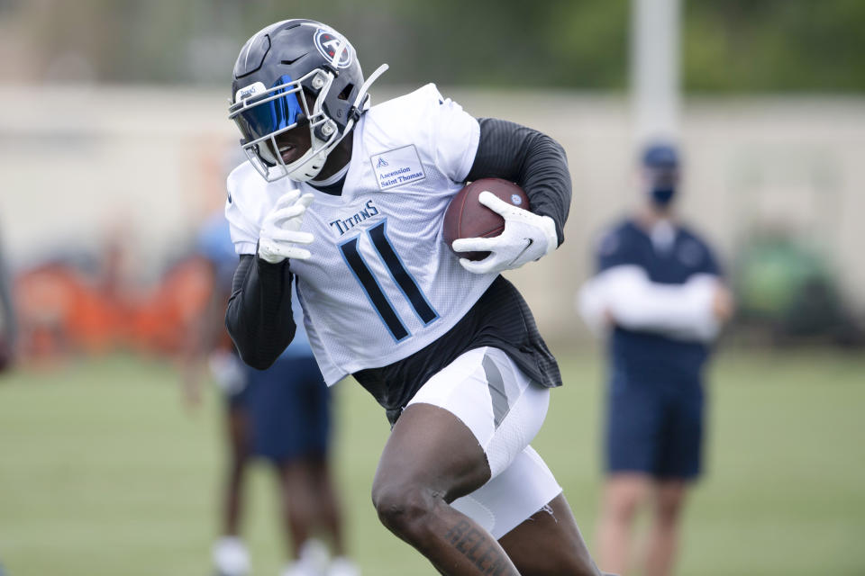 Tennessee Titans wide receiver A.J. Brown (11) during NFL football training camp Friday, Aug. 14, 2020, in Nashville, Tenn. (George Walker IV/Pool Photo via AP)