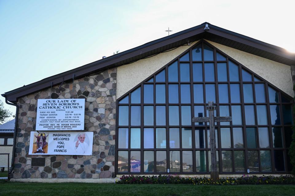 Our Lady of Seven Sorrows Catholic Church welcomes Pope Francis in Maskwacis, Alberta, on July 23, 2022, ahead of his visit to Canada.