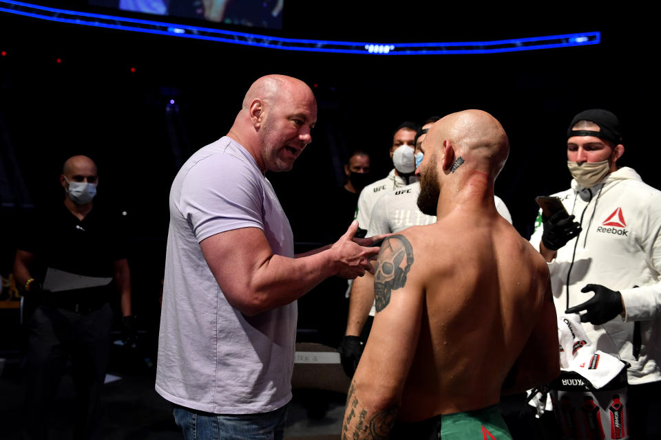 JACKSONVILLE, FLORIDA - MAY 13: UFC president Dana White (L) talks with Brian Kelleher (R) of the United States after winning his Men's Bantamweight bout during UFC Fight Night at VyStar Veterans Memorial Arena on May 13, 2020 in Jacksonville, Florida. (Photo by Douglas P. DeFelice/Getty Images)