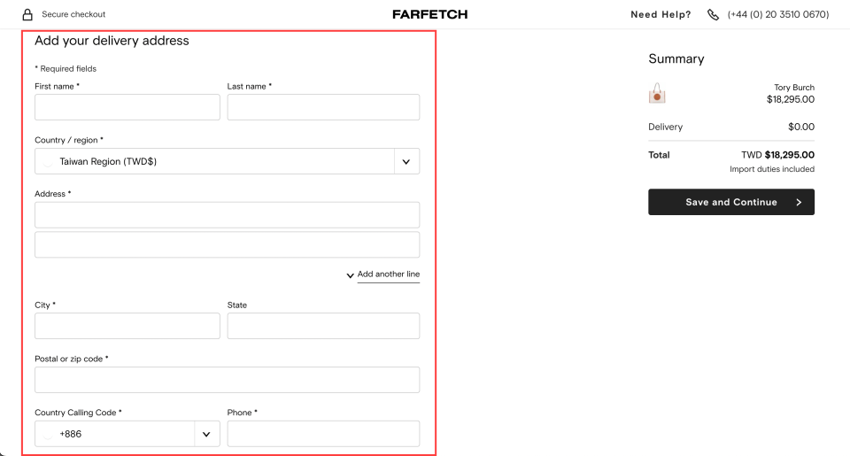 填寫好寄送資訊即可進行結帳。（圖片來源：取自FARFETCH）