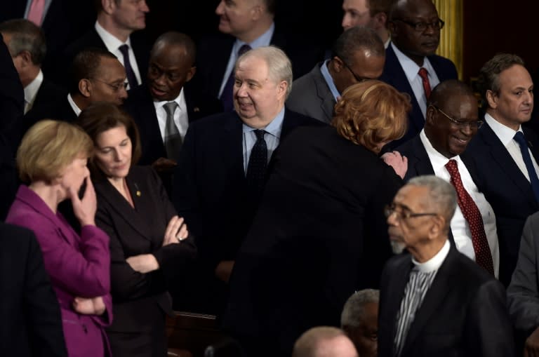 Russian ambassador Sergey Kislyak (C) was in attendance as US President Donald Trump addressed a joint session of the US Congress on February 28, 2017