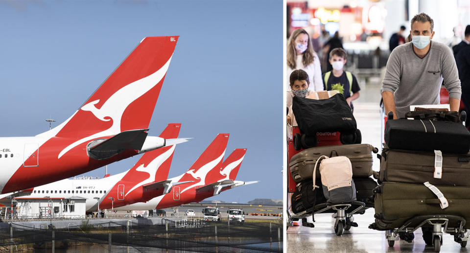 Qantas planes lined up and people wearing masks in an airport.