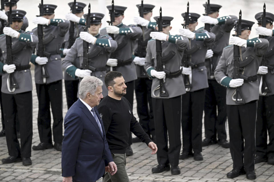 Ukrainian President Volodymyr Zelenskyy, right, and Finnish President Sauli Niinisto, review the honor guard at the Presidential Palace in Helsinki, Finland, Wednesday, May 3, 2023. Zelenskyy made an unannounced visit to the Finnish capital, Helsinki, for a one-day summit with Nordic leaders, as he pushes Ukraine’s Western allies to provide Kyiv with more military support. (Vesa Moilanen/Lehtikuva via AP)