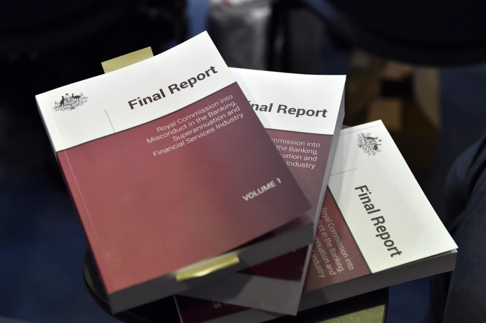 The Final Report with the Banking Royal Commission findings at Parliament House in Canberra, Monday, February 4, 2019. (AAP Image/Mick Tsikas)