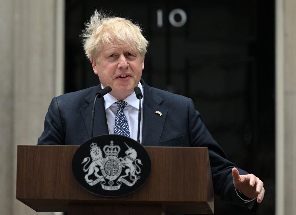 Britain's Prime Minister Boris Johnson makes a statement outside 10 Downing Street in central London on July 7, 2022.