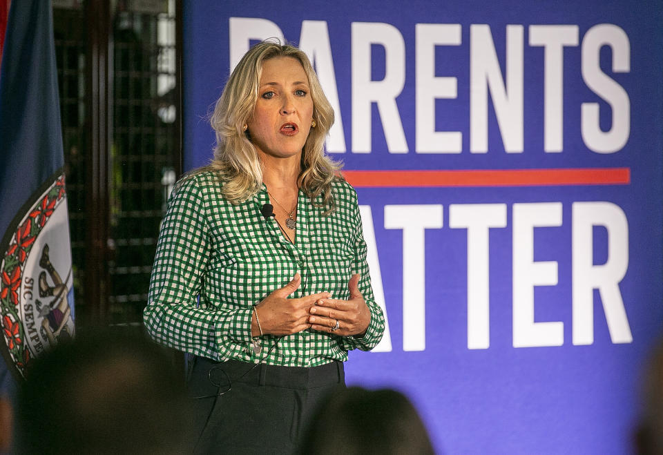 Virginia Del. Tara Durant, R-Stafford, speaks during a "Parents Matter" forum at the Falmouth Volunteer Fire Department, Aug. 10, 2023, in Stafford County, Va. (Peter Cihelka/The Free Lance-Star via AP)