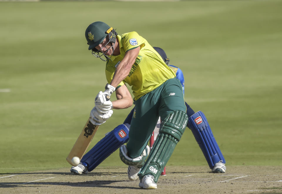 South Africa's Dwaine Pretorius playing a shot during the T20I match between South Africa and Sri Lanka at Wanderers Stadium in Johannesburg, South Africa, Sunday, March 24, 2019. (AP Photo/Christiaan Kotze)