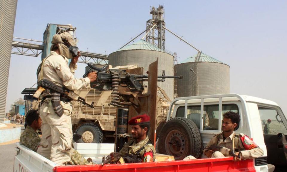 Soldiers guarding a port facility in Hodeidah last month.