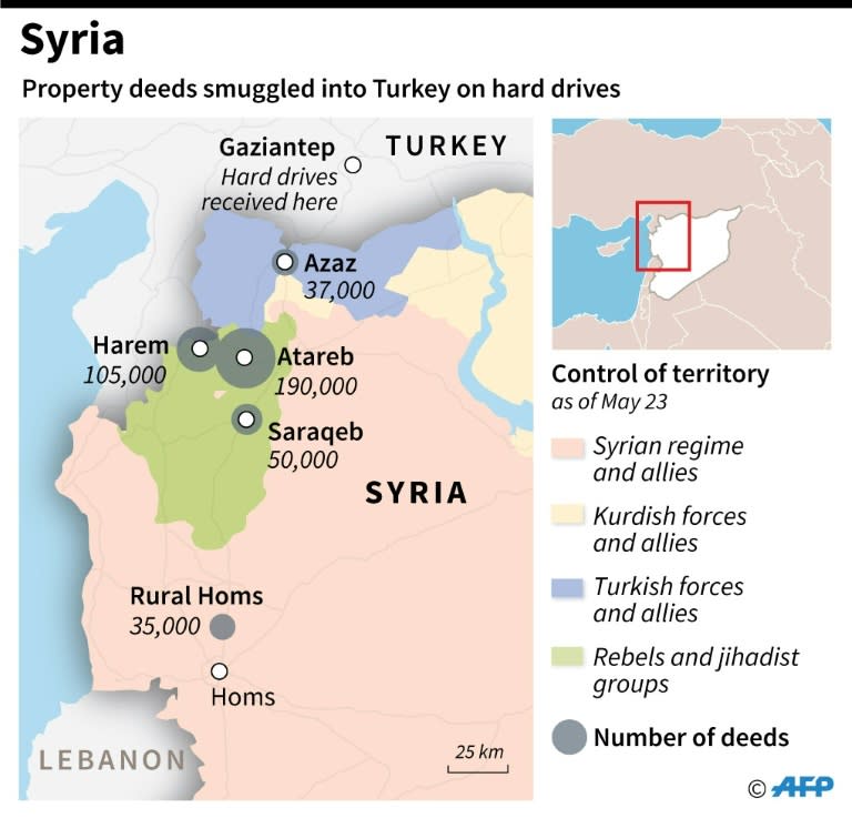 Map of northern Syria with numbers of property deeds smuggled into Turkey on hard drives. To go with AFP story