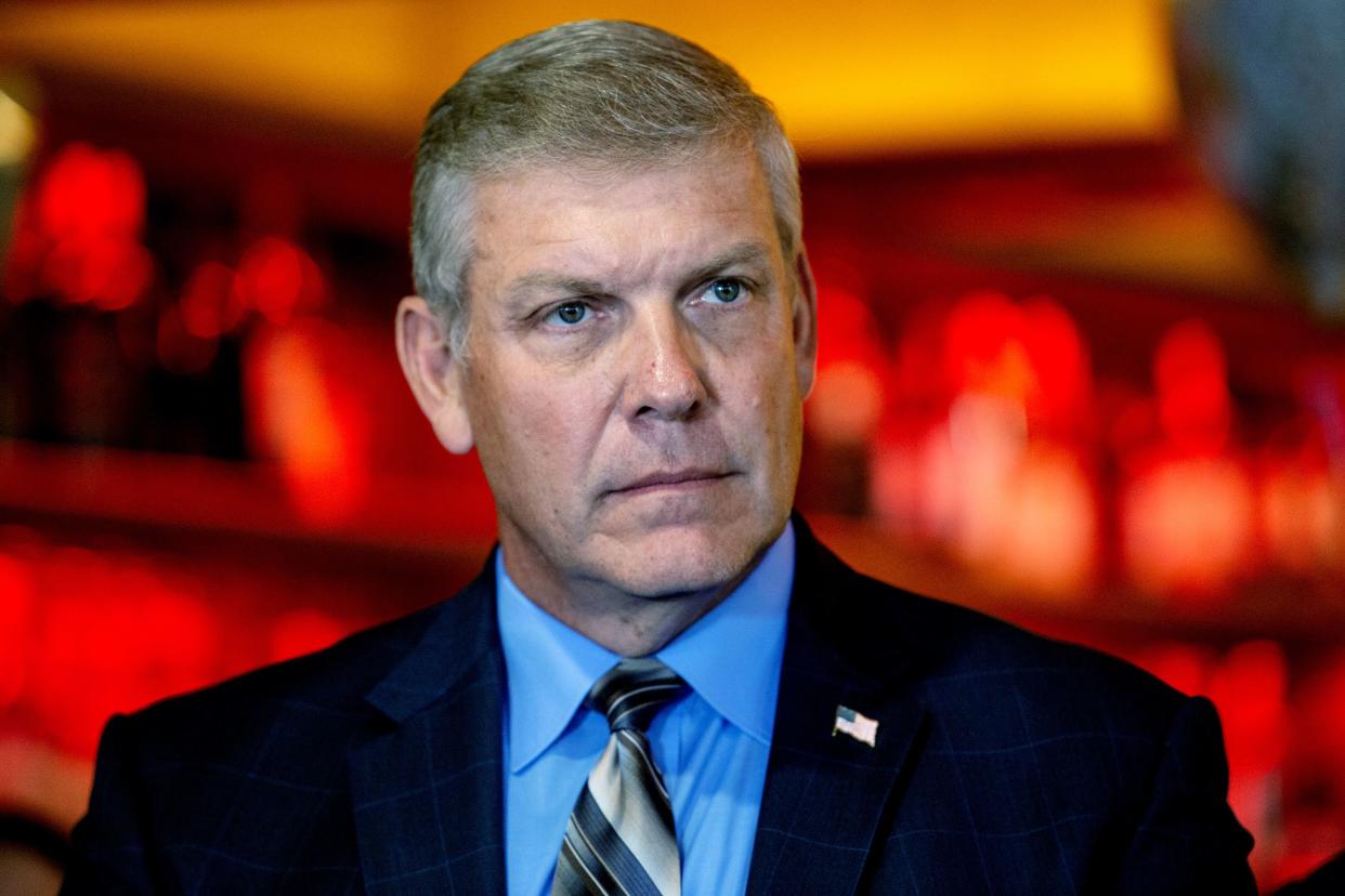 Rep. Barry Loudermilk (R-Ga.) listens to a speaker at a press conference in Marietta, Ga. on May 4, 2021. 