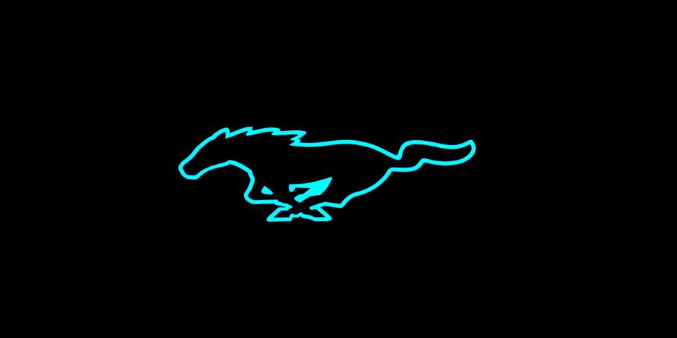 Mustang logo outline in electric blue on a black background.