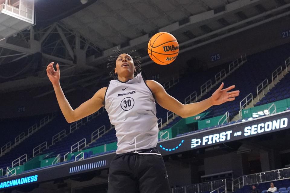 Friars forward Rafael Castro (30) during a practice before a NCAA Tournament game last season.