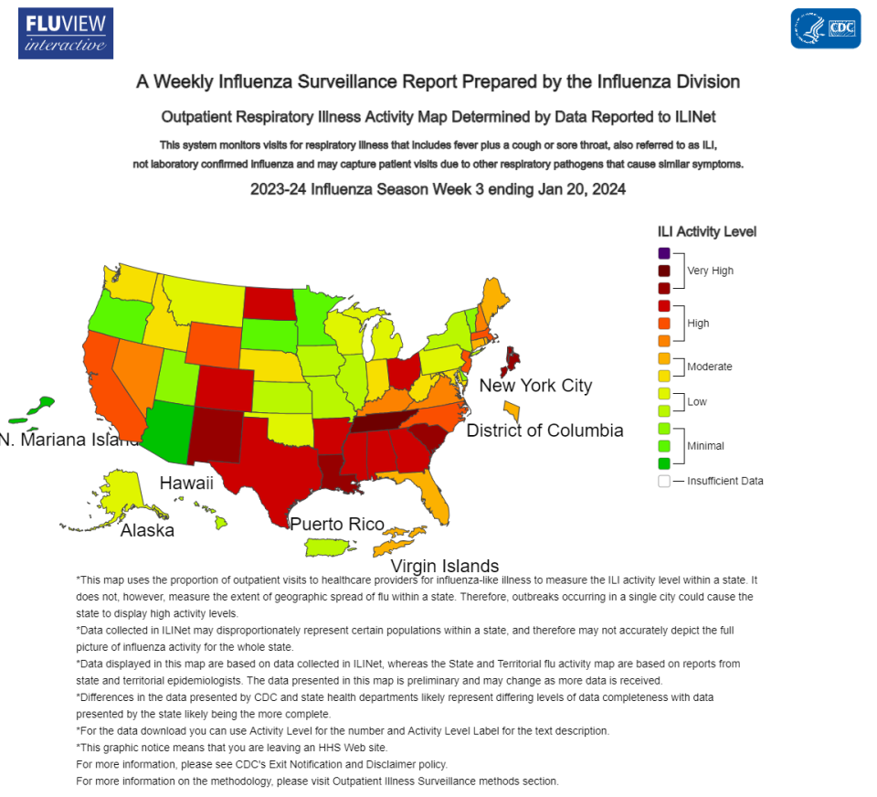 A map by the Centers for Disease Control and Prevention outlining the 2023-24 Influenza Season Week 3 ending Jan. 20, 2024.