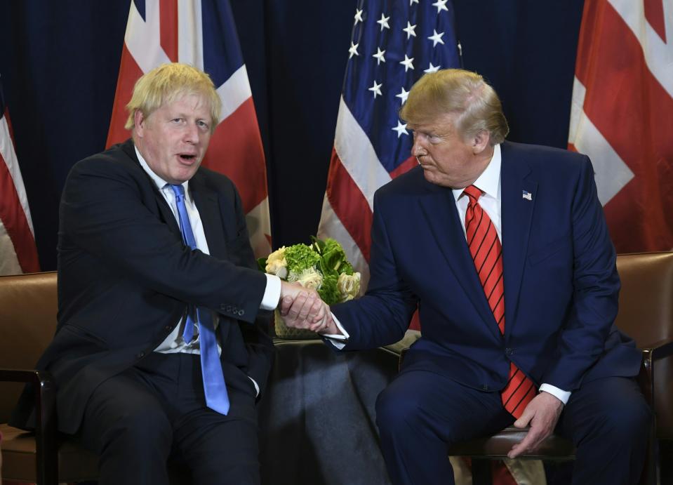 US President Donald Trump and British Prime Minister Boris Johnson hold a meeting at UN Headquarters in New York, September 24, 2019, on the sidelines of the United Nations General Assembly. (Photo by SAUL LOEB / AFP)        (Photo credit should read SAUL LOEB/AFP/Getty Images)