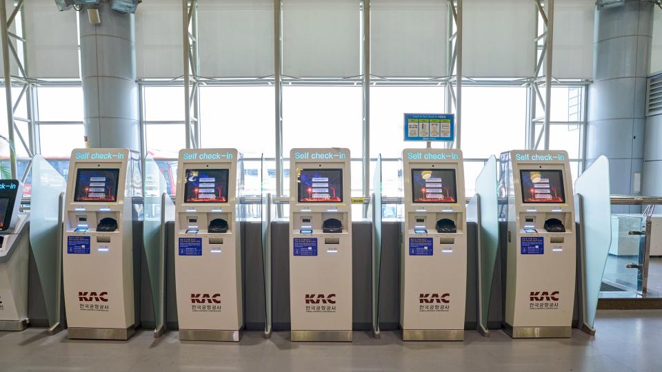 BUSAN, SOUTH KOREA - CIRCA MAY, 2017: self check-in kiosks at Gimhae International Airport, International Terminal.