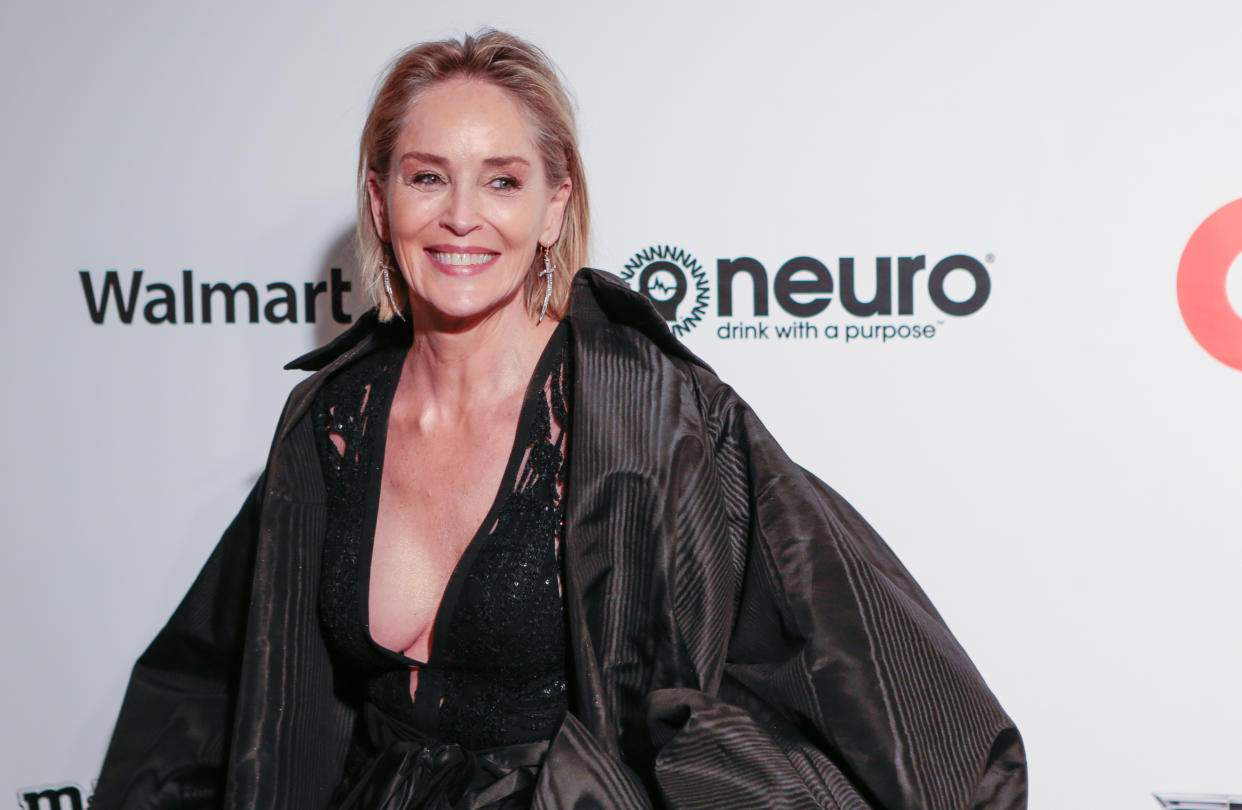 Sharon Stone attending the Elton John AIDS Foundation Viewing Party held at West Hollywood Park, Los Angeles, California, USA. (Photo by PA/PA Images via Getty Images)