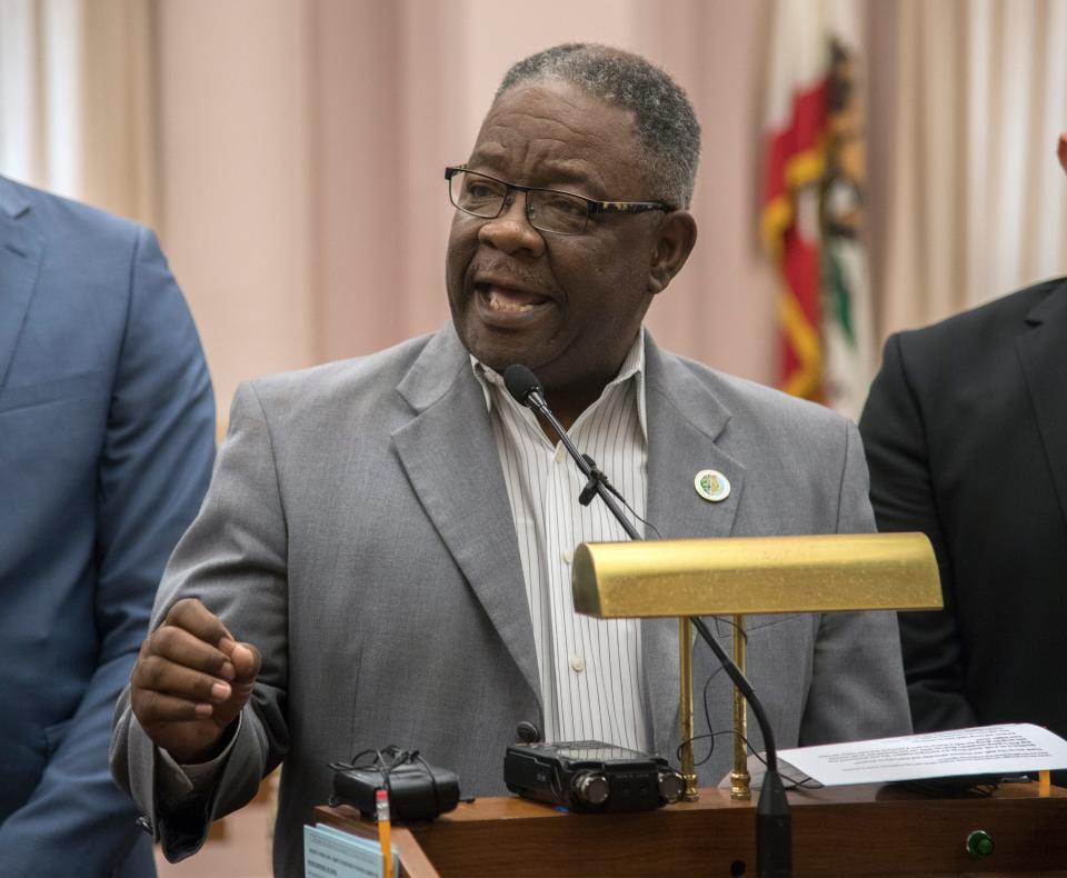 Elbert Holman speaks at a press conference at Stockton City Hall on Tuesday about Amazon building a new warehouse in south Stockton bringing with it 1,000 jobs to the city. Holman is running to represent District 2 on the Board of Supervisors this year.
