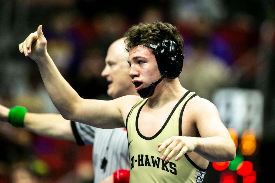 Waverly-Shell Rock's Bas Diaz reacts after his match at 145 pounds during the Class 3A high school boys state wrestling tournament semifinals, Friday, Feb. 17, 2023, at Wells Fargo Arena in Des Moines, Iowa.