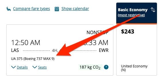 United booking page that shows a 737 Max 9 schedule