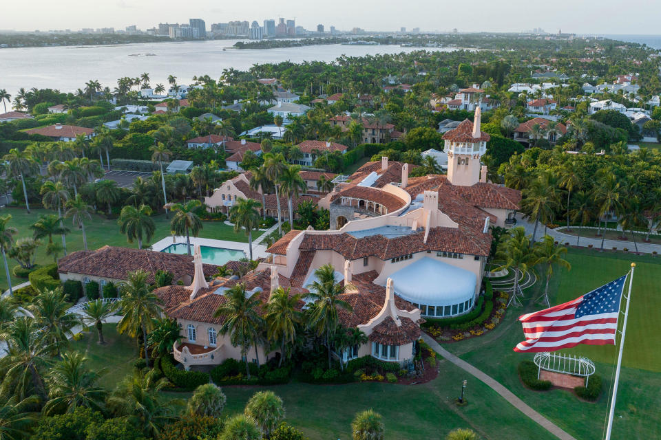 An aerial view of President Donald Trump's Mar-a-Lago estate is seen near dusk on Aug. 10, 2022, in Palm Beach, Fla.  / Credit: Steve Helber / AP