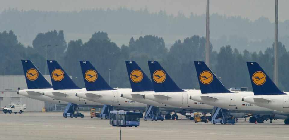 Planes of Germany's Lufthansa airline are parked at the airport in Munich, southern Germany, Tuesday, Sept. 4, 2012, during a strike of Lufthansa flight attendants. UFO, the union for the cabin crews, is seeking a 5 percent pay raise for the airline's more than 18,000 cabin crew workers. Lufthansa has said it is offering a 3.5 percent raise. (AP Photo/dapd, Lukas Barth)