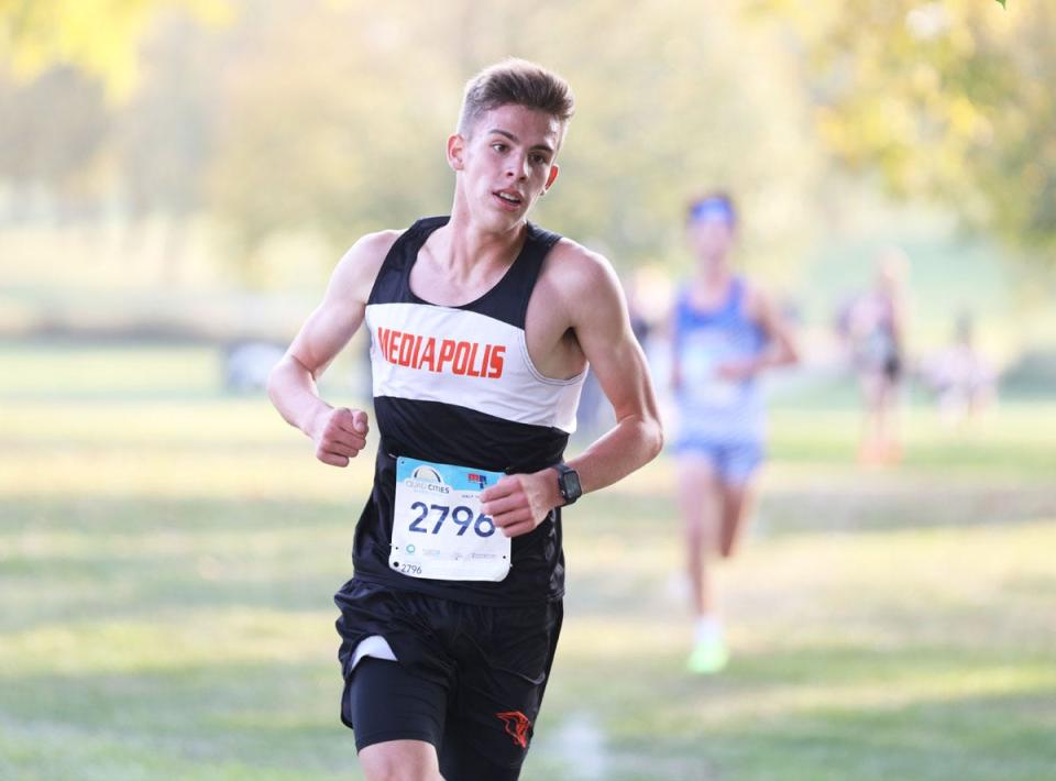 Mediapolis' Solomon Zaugg wo n the boys title at the SEI Superconference cross country meet Thursday at Twin Lakes Golf Course in Winfield.