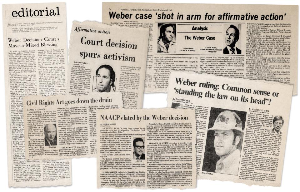 Reactions to the Supreme Court's decision in the Weber case were mixed, as seen in these headlines following the July 1979 ruling. While United Steelworkers of America, AFL-CIO-CLC v. Weber had been settled, the debate over affirmative action and reverse discrimination was far from over.