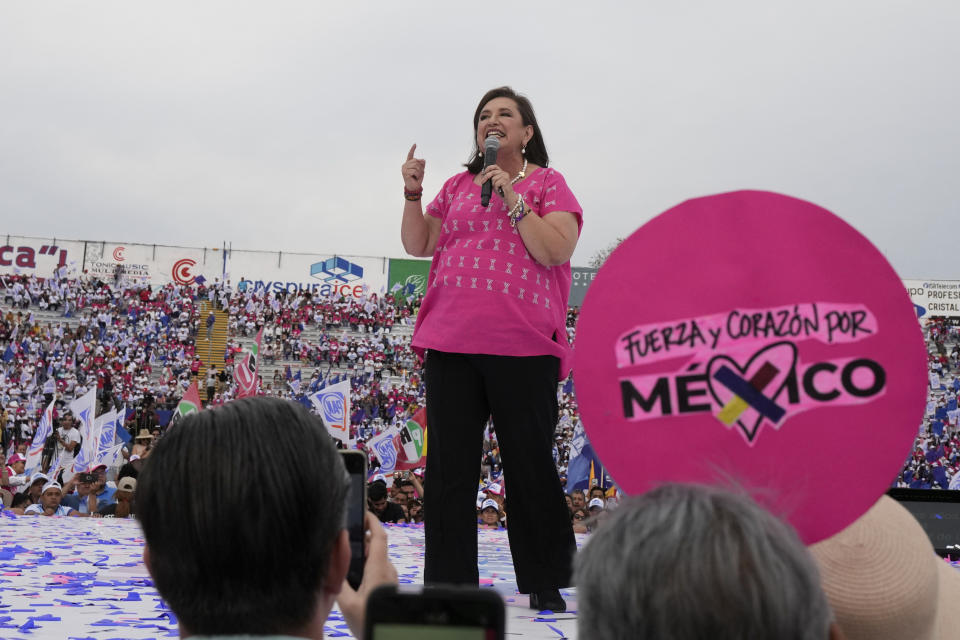 FILE - Presidential candidate Xóchitl Gálvez speaks to supporters during her opening campaign rally in Irapuato, Mexico, Friday, March 1, 2024. Mexican voters will go to the polls in the largest elections in the country’s history on June 2, 2024. In the presidential race, they will have to choose between three candidates, but two women have taken the lead: Gálvez and ruling party candidate Claudia Sheinbaum. (AP Photo/Fernando Llano, File)
