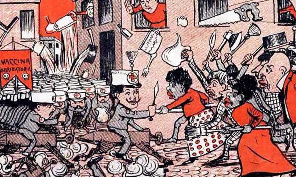 Cartoon of an army of people in Red Cross uniforms confronting a mixed-race crowd of people using brooms and other household items as weapons