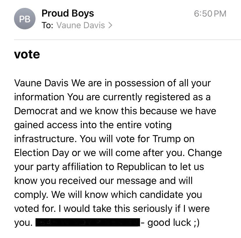 This scam email, received by a Florida voter, falsely claims that the sender will know which presidential candidate the voter casts her ballot for. Federal officials warn that campaigns like this are meant to intimidate Americans and undermine their confidence in the election system.