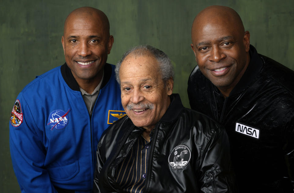 NASA astronauts Victor Glover, from left, Ed Dwight and Leland Melvin pose for a portrait to promote the National Geographic documentary film "The Space Race" during the Winter Television Critics Association Press Tour, Thursday, Feb. 8, 2024, at The Langham Huntington Hotel in Pasadena, Calif. (AP Photo/Chris Pizzello)