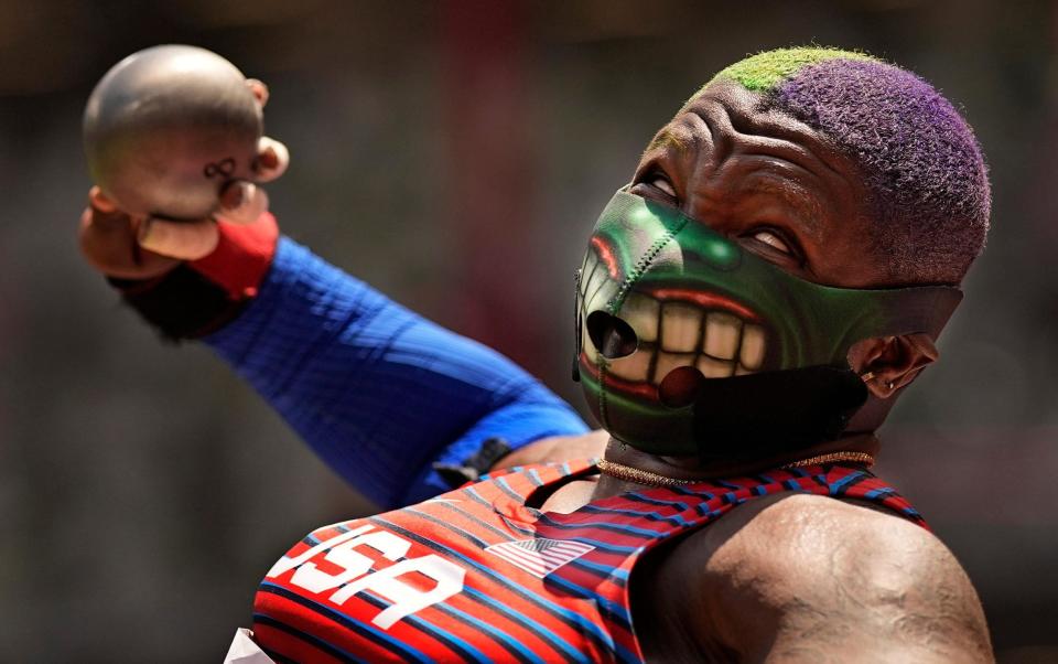 Raven Saunders, of the United States, competes in the final of the women's shot put at the 2020 Summer Olympics, Sunday, Aug. 1, 2021, in Tokyo. - AP