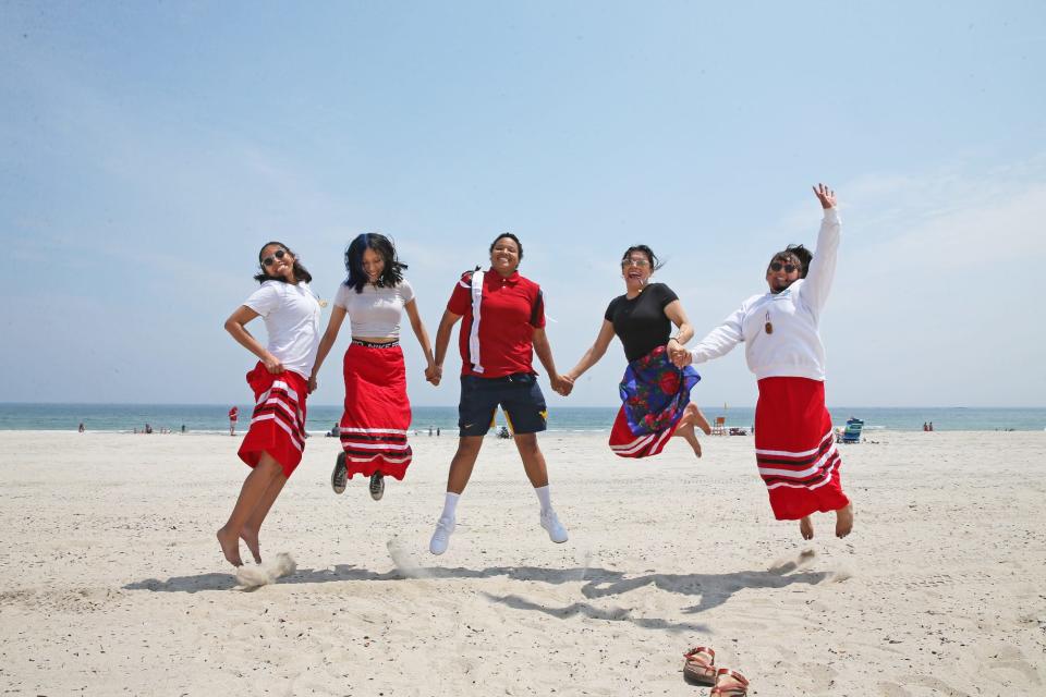 Lakota women from South Dakota say working at Hampton Beach this summer provides them opportunities they don't have at home. From left are Enola Running Hawk, Siouxtera Jack, Ashton Green, Kimimila Pretty Bear and Tayah Running Hawk.