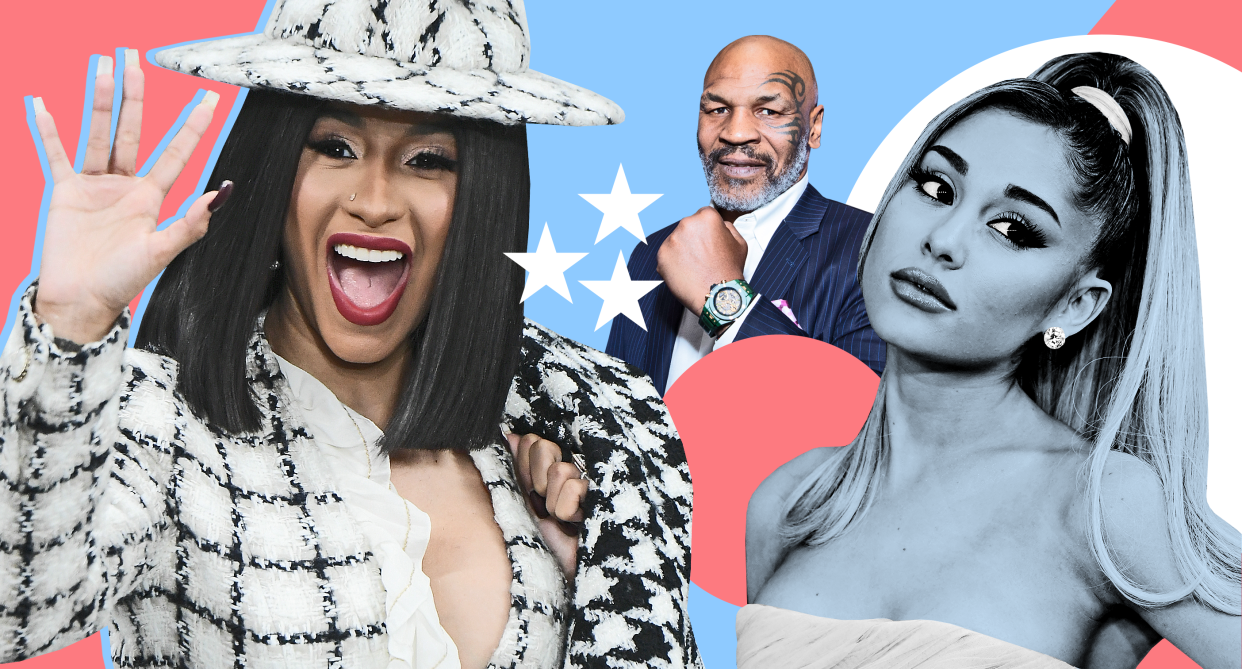 Cardi B, Mike Tyson and Ariana Grande have picked their candidates for the 2020 presidential election. (Photo: Getty Images/Graphic: Quinn Lemmers for Yahoo Entertainment)