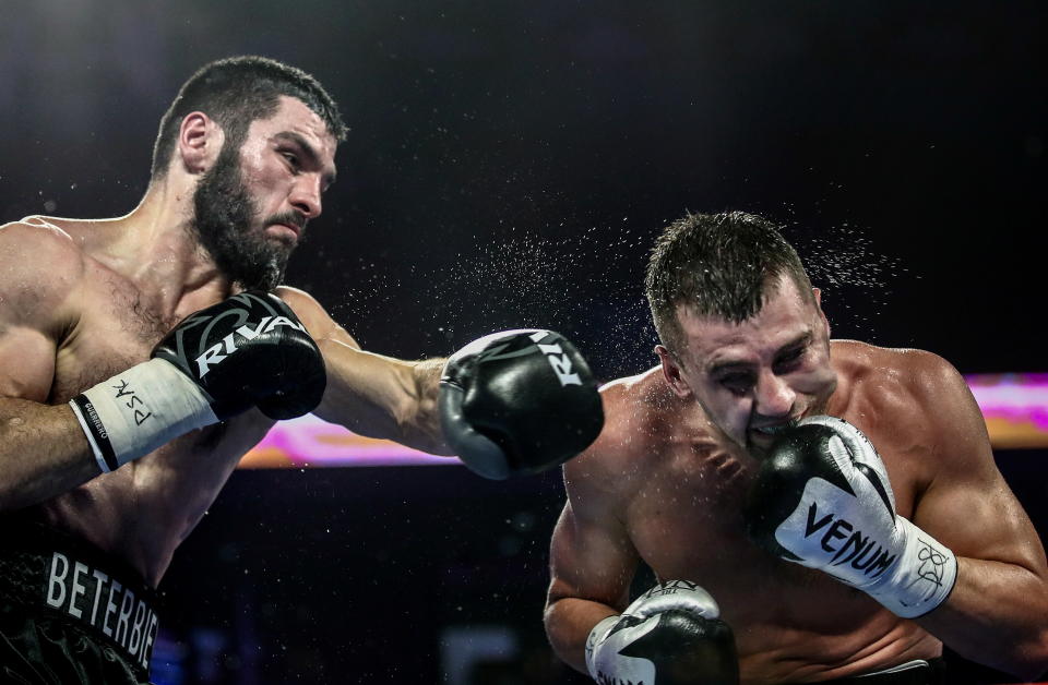 PHILADELPHIA, UNITED STATES - OCTOBER 19, 2019: IBF belt-holder Artur Beterbiev of Russia (L) and WBC titlist Oleksandr Gvozdyk of Ukraine compete in a light heavyweight world title unification boxing fight at the Liacouras Center in Philadelphia, Pennsylvania, United States; Beterbiev won the bout. Valery Sharifulin/TASS (Photo by Valery Sharifulin\TASS via Getty Images)