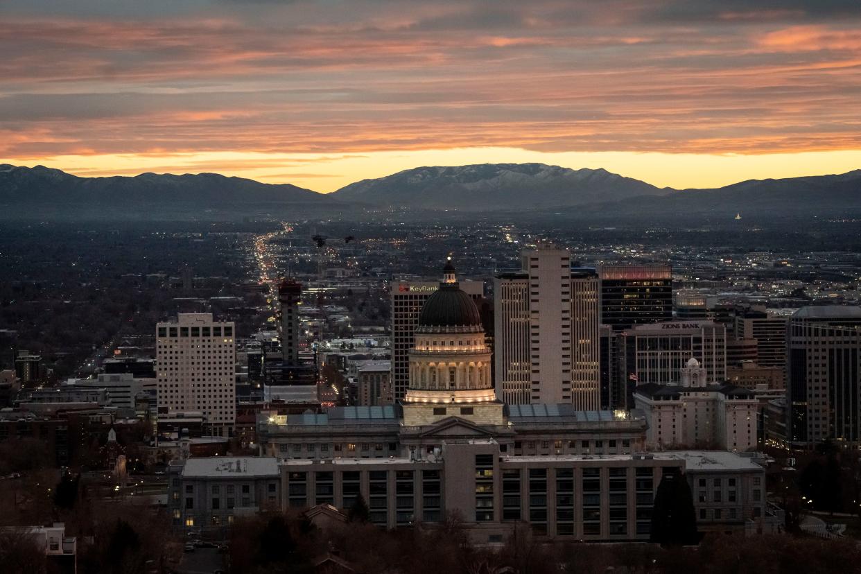 The Utah State Capitol is illuminated against the setting sun in Salt Lake City, on Nov. 15, 2020. State lawmakers this week passed a bill that legal experts say could make it easier for opponents to challenge a court-ordered hold on the state's proposed abortion ban.