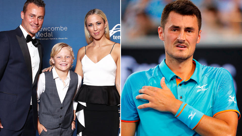 Lleyton, Cruz and Bec Hewitt, and Bernard Tomic. Image: Getty