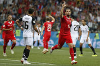 <p>Switzerland’s Blerim Dzemaili, right, celebrates after scoring his side’s first goal during the group E match between Switzerland and Costa Rica, at the 2018 soccer World Cup in the Nizhny Novgorod Stadium in Nizhny Novgorod , Russia, Wednesday, June 27, 2018. (AP Photo/Natasha Pisarenko) </p>