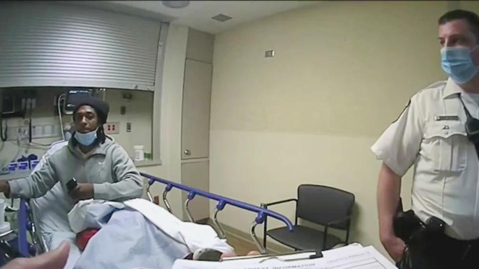 Miles Jackson is captured in bodycam footage during his arrest at St Ann's hospital in Columbus, Ohio on Monday April 12, 2021. (via WCMH-TV)