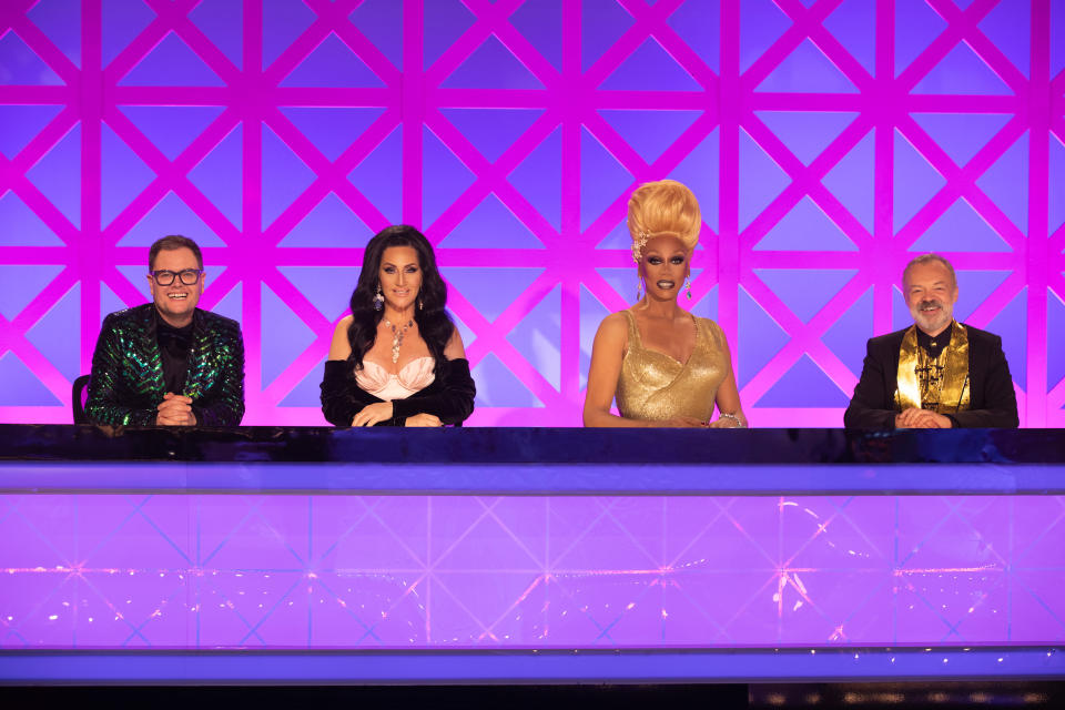 Judges Alan Carr, left to right, Michelle Visage, RuPaul and Graham Norton (Guy Levy/BBC/PA)