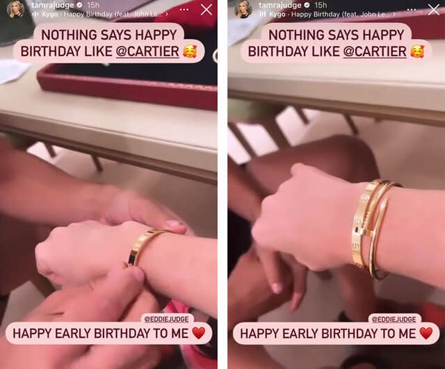 A split of Tamra Judge's wrist with new, gold, Cartier bracelets.