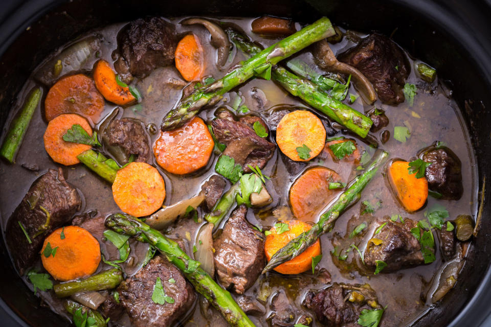 <p>To add insane flavor, brown meats on the stovetop first. </p><p>Get the recipe from <a rel="nofollow noopener" href="http://www.delish.com/cooking/recipe-ideas/recipes/a46976/slow-cooker-spring-beef-bourginon-recipe/" target="_blank" data-ylk="slk:Delish;elm:context_link;itc:0;sec:content-canvas" class="link ">Delish</a>.</p>
